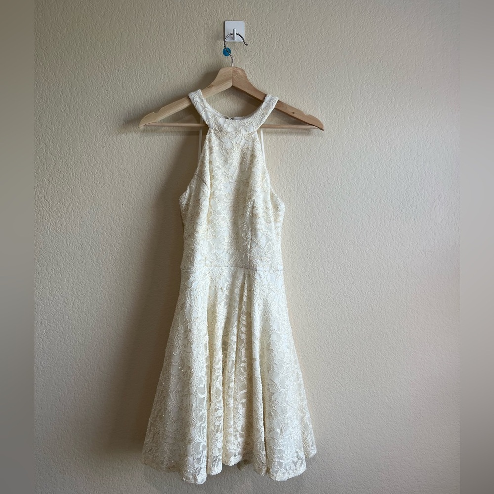 B Darlin Off White Lattice Halter Fit & Flare Dress Size 5/6